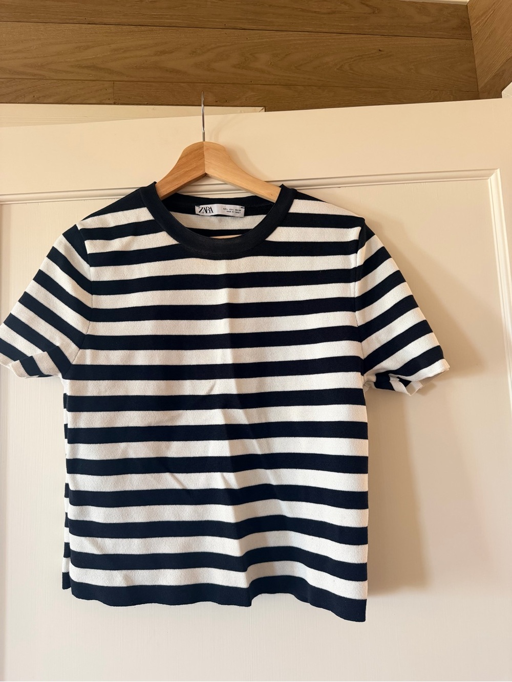 Zara Navy & White Striped Crewneck Top